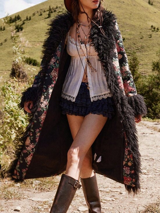 Boho Beauty Women's Casual Long Sleeve Jacquard Woven faux fur trim Jacket - Picture 8 of 11